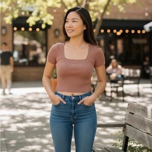 Abercrombie & Fitch‎ Ribbed Square Neck Crop Top Tan Short Sleeve Small